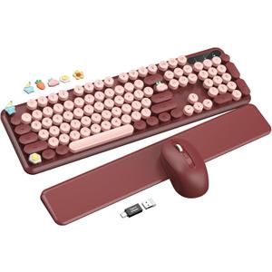 Wireless Keyboard and Mouse Combo - Cute Typewriter Keyboard with Detachable Wrist Rest, Retro Round Keycaps, Foldable Legs, 2.4GHz Full-Size Keyboard for PC, Laptop, Windows - Trueque (Wine Red)
