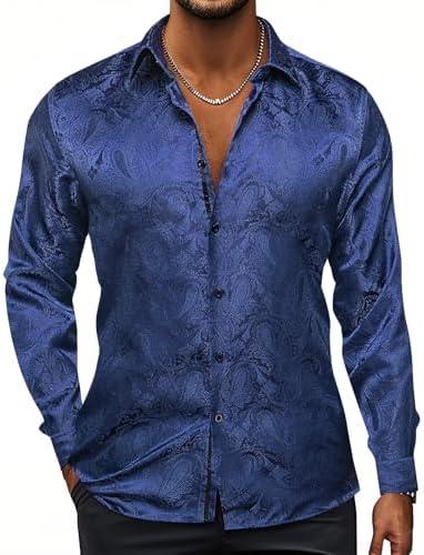Hi-Tie Silk Mens Paisley Dress Shirts Casual Long Sleeve Button Down Regular Fit Shirts Formal Wedding Party Business, Medium