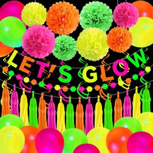 Neon Party Decorations Glow in the Dark Party Hanging Swirls Supplies Lets Glow Banner Neon Tissue Paper Pom Poms Balloon Paper Tassel Circle Dot Garland for Birthday Dance Black Light Wedding