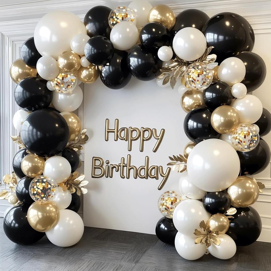 Black Gold White Balloons Arch Kit - 129 pcs Double Stuffed Pearl Sand White Black Chrome Gold with Confetti Balloon Garland for Birthday Graduation Father's Day New Year's Party Decoration