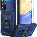 BaHaHoues for Samsung Galaxy A15 5G Case with Screen Protector & Slide Camera Lens Cover,Built-in 360Rotate Magnetic Ring Stand Shockproof Protective Phone Case for Samsung A15 5G Case (Blue)