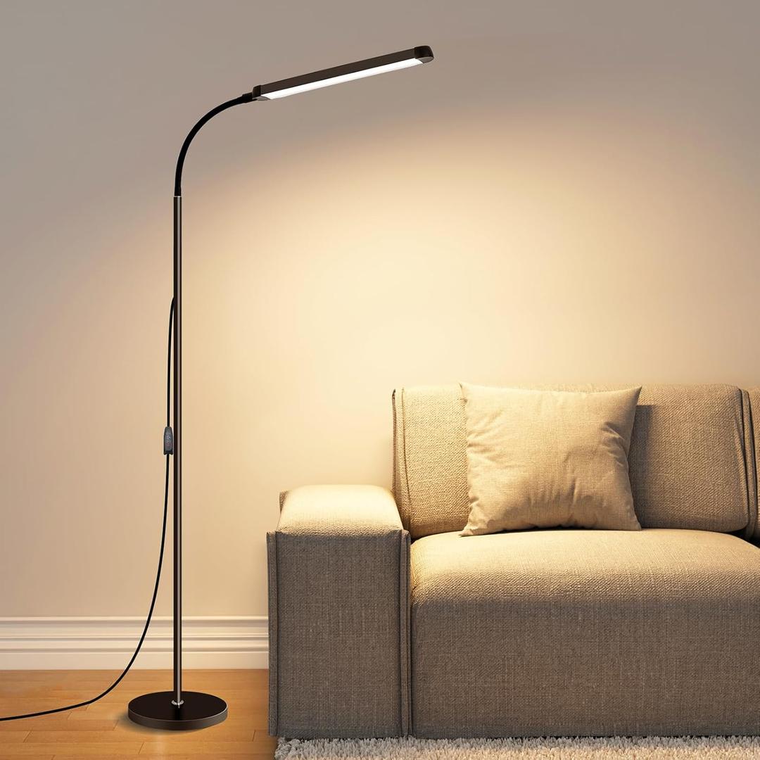 Modern LED Floor Lamp for Reading in Black, Bright 12W Dimmable Standing Light with Adjustable Gooseneck, 3 Color Temperatures, for Living Room corner, Office, Study Room, Bedroom Bedside Nursery, Lash