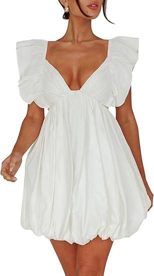 hibshaby Summer Mini Dress Deep V-Neck Babydoll Dress Bubble Dress Backless Lace Up Sexy Short Dress, White, Size XS