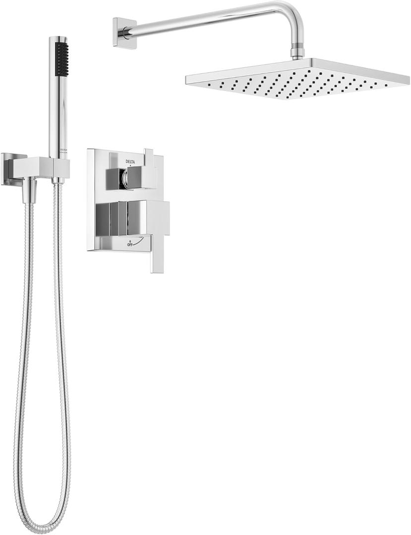 Delta Modern 14 Series Square Rain Shower System Faucet Set, Rainfall Chrome Shower Head and Handle Set, Valve Trim Kit, 10 Inch, Chrome T342701 (Valve Not Included)
