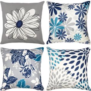 Baidast Blue Decorative Throw Pillow Covers 18x18 Set of 4, Blue and Grey Modern Daisy Floral Pillows Linen Pillow Covers for Couch Sofa Living Room