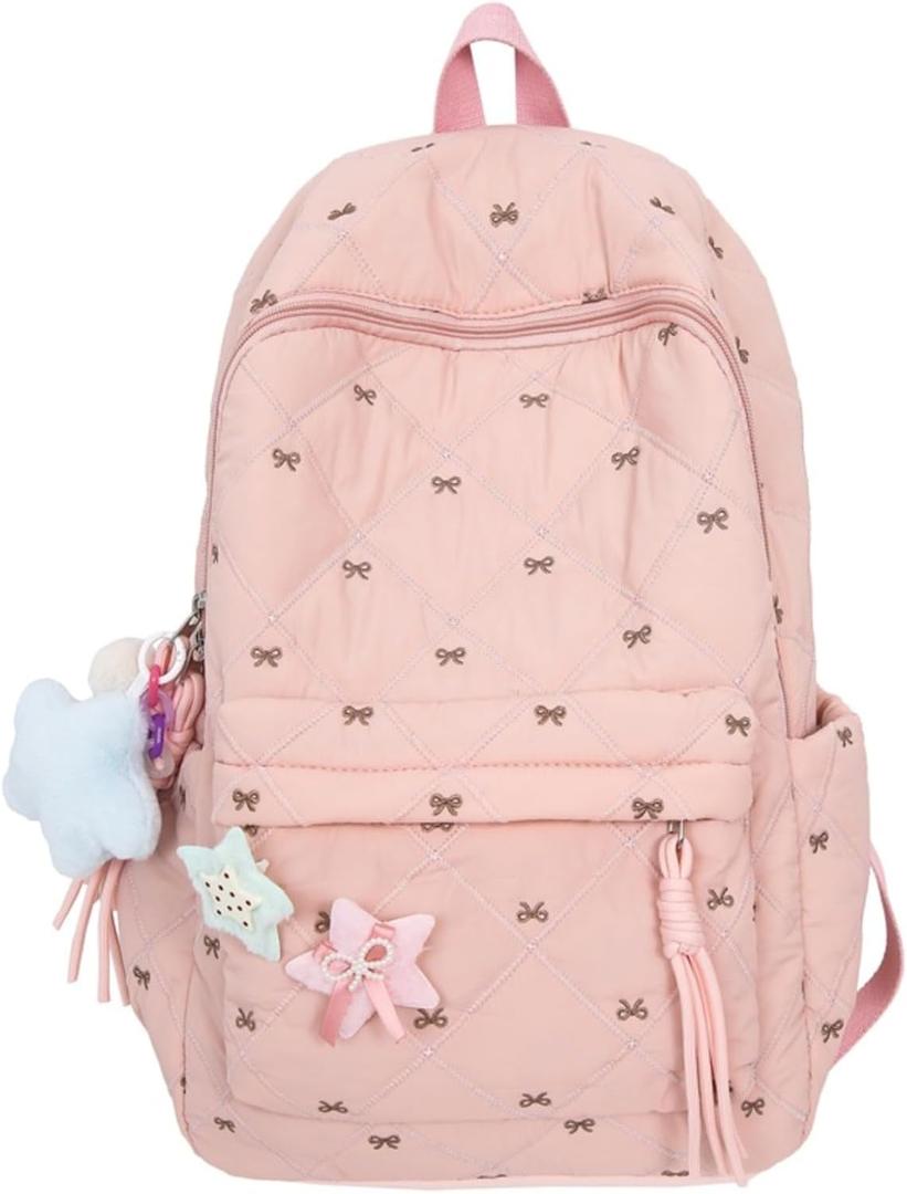 Women's Quilted Cute Aesthetic Backpack Bow Print Lightweight Puffer Laptop Book Bag for College Travel Daypack (Pink)