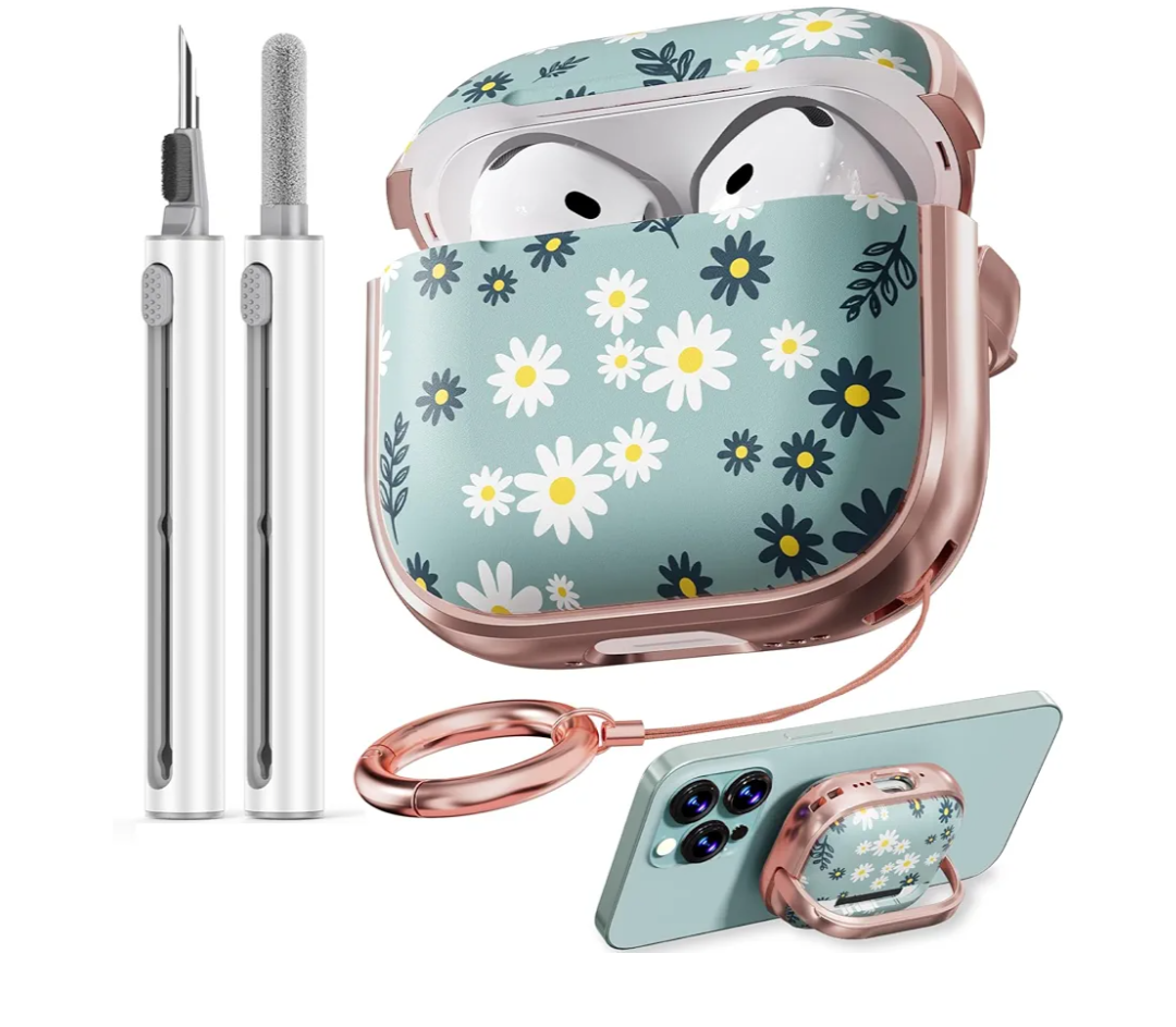 Inesore with Safety Lock for Galaxy buds 3/3Pro Case,Clear Floral Cute, Case for Women Girly with Cleaner Kit and Keychain- Green Daisy Flowers