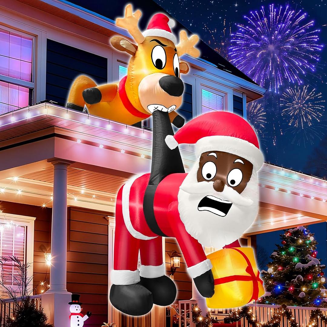 6 Ft Christmas Inflatable Reindeer & Climbing Black Santa Claus, Funny Hanging Outdoor Decoration with Builtin LED Light, Christmas Blow Up Yard Decor for Beam Roof Tree Indoor Home Party Lawn Decor
