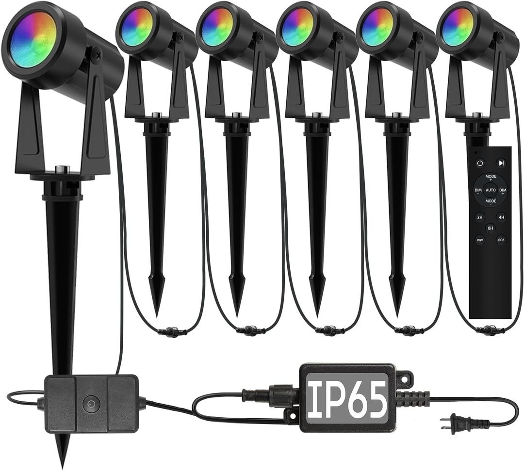 SUNTHIN Outdoor Landscape Lighting with Remote, RGBW Color Changing Spot Uplights, 6 Pack