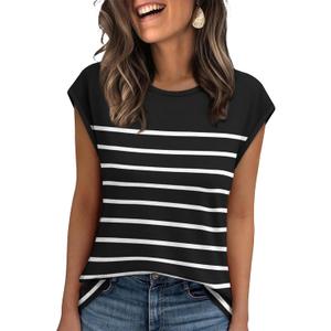 XIEERDUO Womens Tops Dressy Casual Summer Striped Shirts Cap Sleeve Tops Color Block Loose Fit (Black, S)