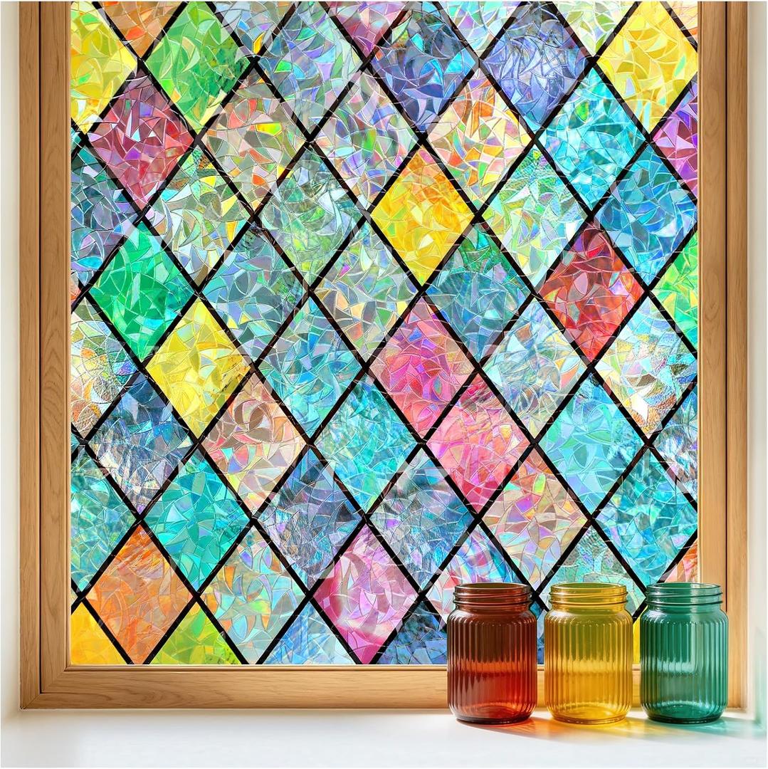 rabbitgoo Stained Glass Window Film Rainbow Lattice Cling, 23.6" x 118.1"