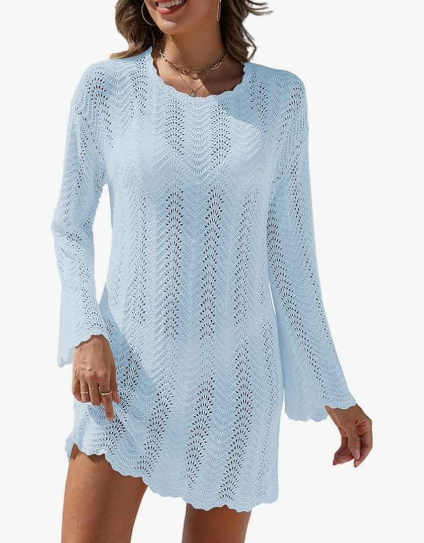 VIMPUNEC Crochet Swimsuit Coverup for Women Summer Bathing Suit Cover Ups Swimwear Beach Dress, Blue, Large
