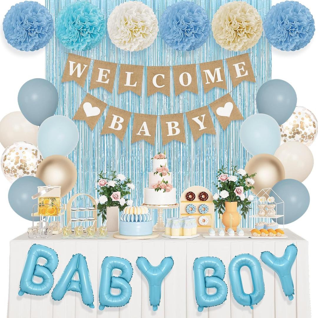 Ouddy Party Dusty Blue Baby Shower Decorations for Boy with Welcome Baby Banner Baby Boy Blue Champagne Sand Foil Balloons Fringe Curtains Paper Pom Poms for Baby Shower Gender Reveal Party Supplies