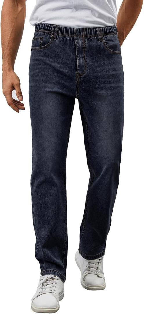Men's Elastic Waist Jeans Relaxed Fit Stretch Denim Pants Straight Leg Jean with Zipper (Dark Rinse, XL)