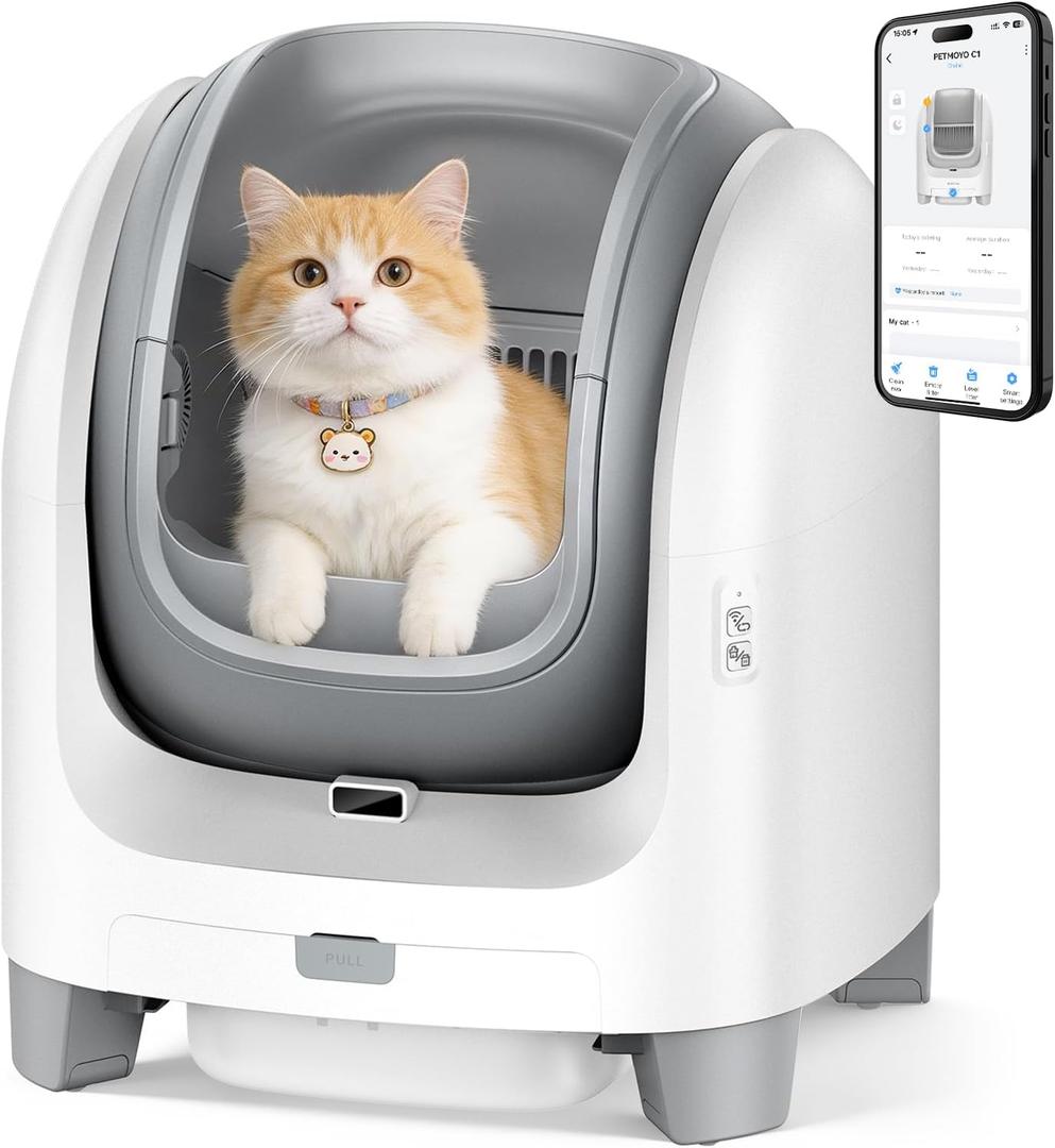 Self Cleaning Litter Box for Large Cats, 18L Extra Large Automatic Cat Litter Box with Pull-Out Waste Drawer, Smart APP Health Tracking, Odor-Seal Deodorizing Multi-Cat Safe Toilet, White