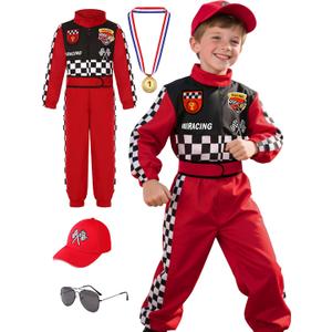 Kids Race Car Driver Costume Boys Girls Racer Jumpsuit With Car Cap Kids Dress Up for Halloween (9-10 Years)