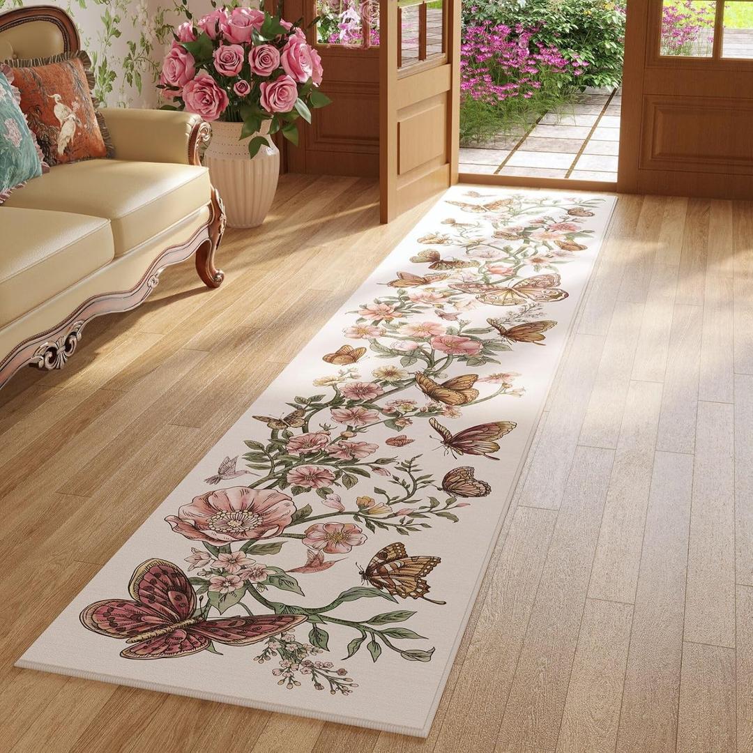 Rugcomf Runners for Kitchen Runner Rug Non Slip 2'x10' Long Washable Rugs with Rubber Backing Soft Floral Butterfly Carpet Runner for Kitchen Laundry Bedroom Bathroom, Beige