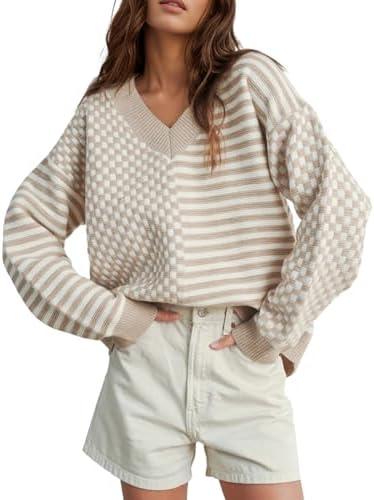 UNCLECAT Women's Striped Checkered Sweater 2025 V Neck Fall Sweaters Casual Knit Trendy Pullover Tops Size M Khaki