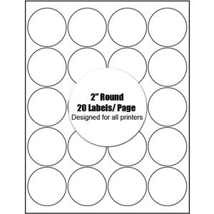 Round Labels, 2 inches in Diameter, for Inkjet and Laser Printers, 20 Labels per Sheet (500 Labels = 25 Sheets). (8.5X11/20)