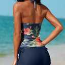 Women Two Piece Tankini Halter Padded Adjustable Drawstring Swimsuit with Boyshorts (Blue, XL)