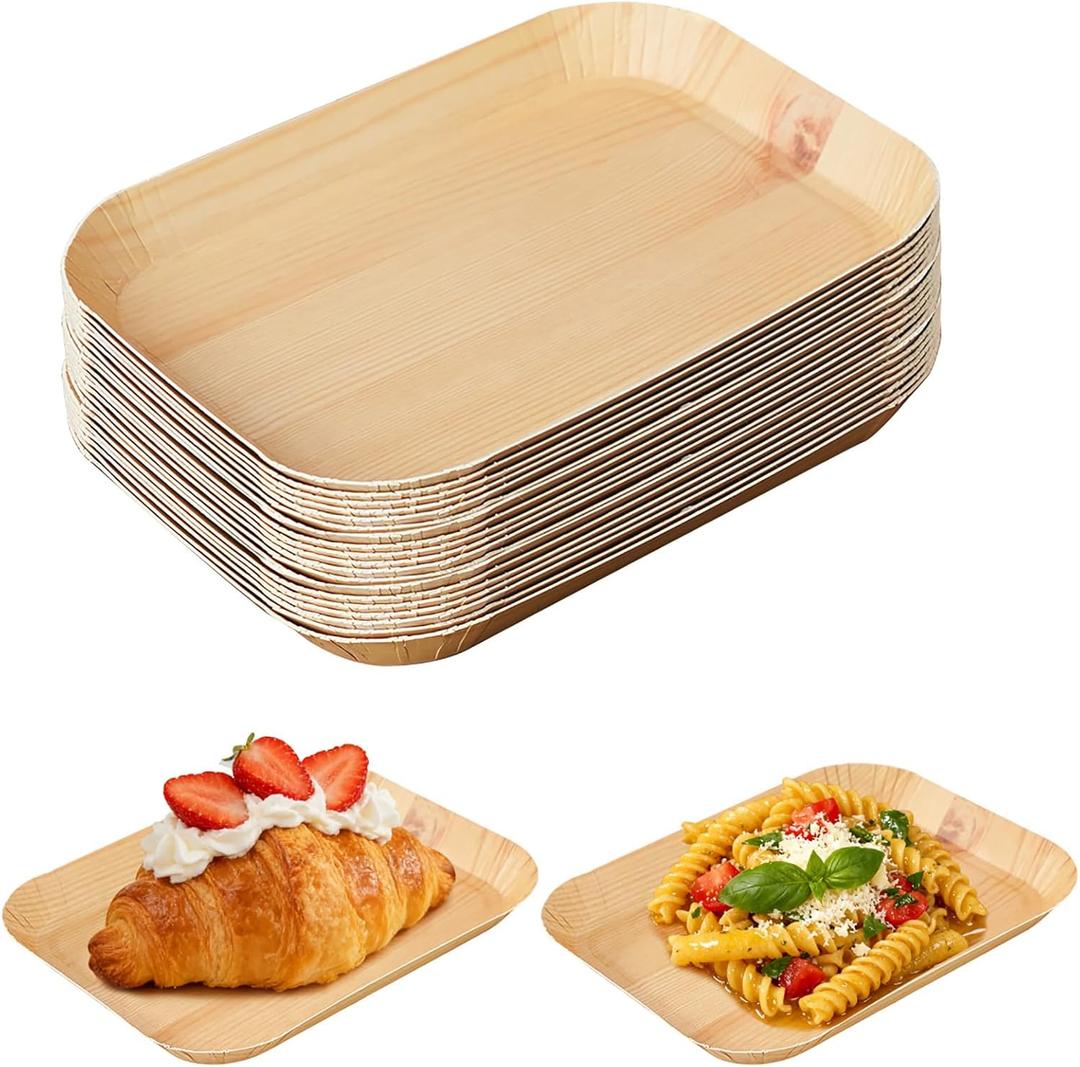 50 Pcs Wood Grain Paper Plates, 6.5 Inch Rectangle Plates, Disposable Rustic Party Plate for Woodland Baby Shower, Camp Fire, Camping, Lumberjack Birthday Party Supplies (S)