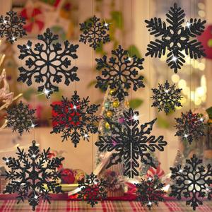 JULMELON Christmas Snowflake Ornaments, 48 PCS Glitter Snowflake Decorations 4 Different Black Snowflakes Decorative Hanging Ornaments for Christmas Decorating, Crafting, Wedding
