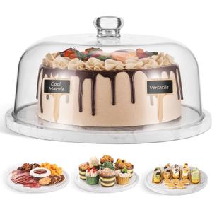 Elegant Marble Cake Stand with Dome11.8in30cm White Marble Dessert Stand with Acrylic Lid CoverServing Display Plate for CakesDessertsCheeseLarge Stone Platter for Kitchen/Party/Wedding (Flat)