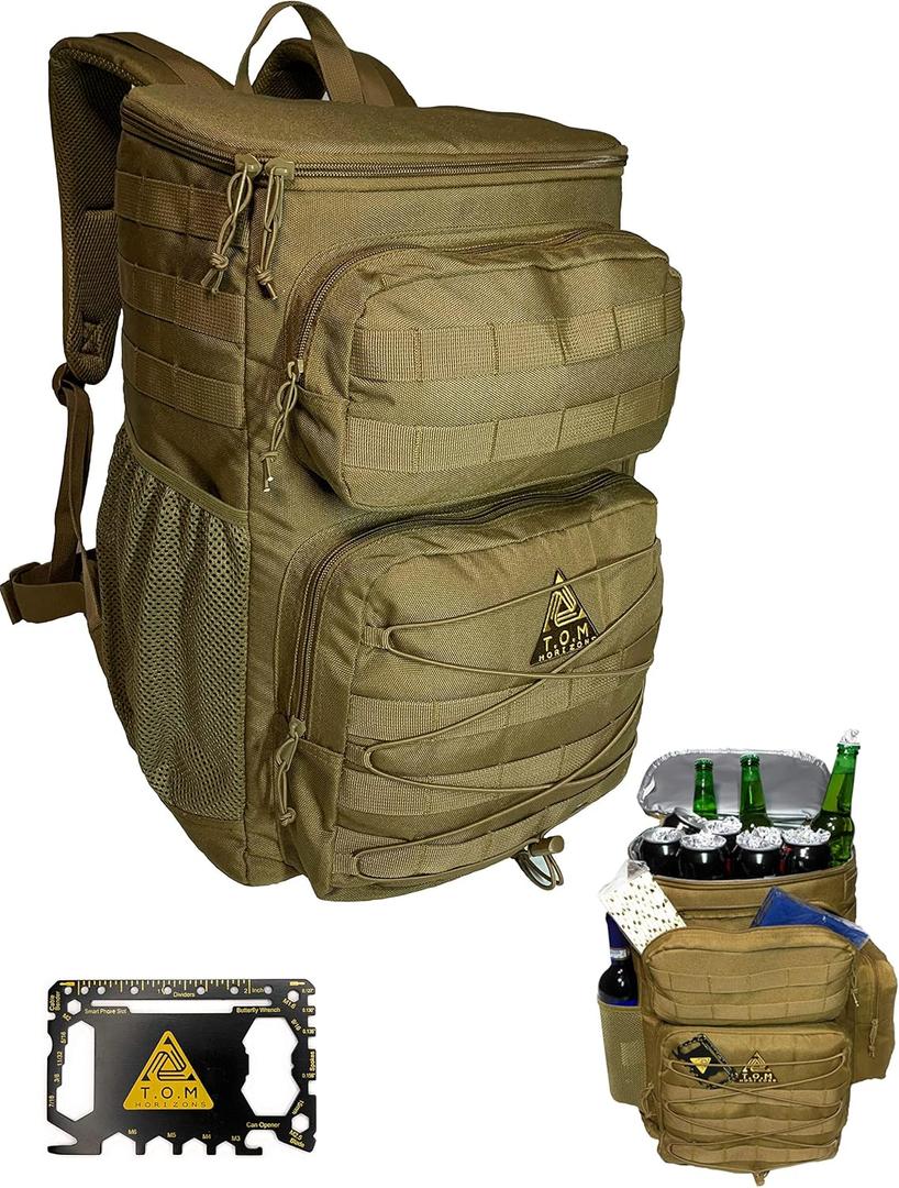 Cooler Backpack, Tactical, Insulated. Heavy Duty, Extra Large, Leak Proof for Hiking, Camping, Beach. Bonus, Credit Card Multi Tool Included (Khaki)