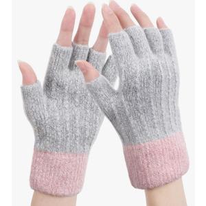 Women Winter Fingerless Gloves Pink Gray Warm Knitted Half Finger Mittens Fleece Lined Thermal Fingerless Gloves for Cold Weather Typing Driving Working