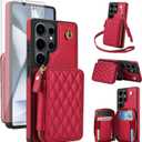 Phone Case for Samsung Galaxy S25 Ultra 5G Wallet Cell Cover with Tempered Glass Screen Protector Wrist Crossbody Strap RFID Blocking Card Holder TPU S25Ultra 25S S 25 25Ultra 6.9 2025 Women Girls Red