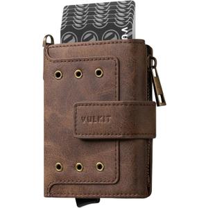 VULKIT Vintage Leather Tirfold POP UP Wallet RFID Protected, Coffee Brown