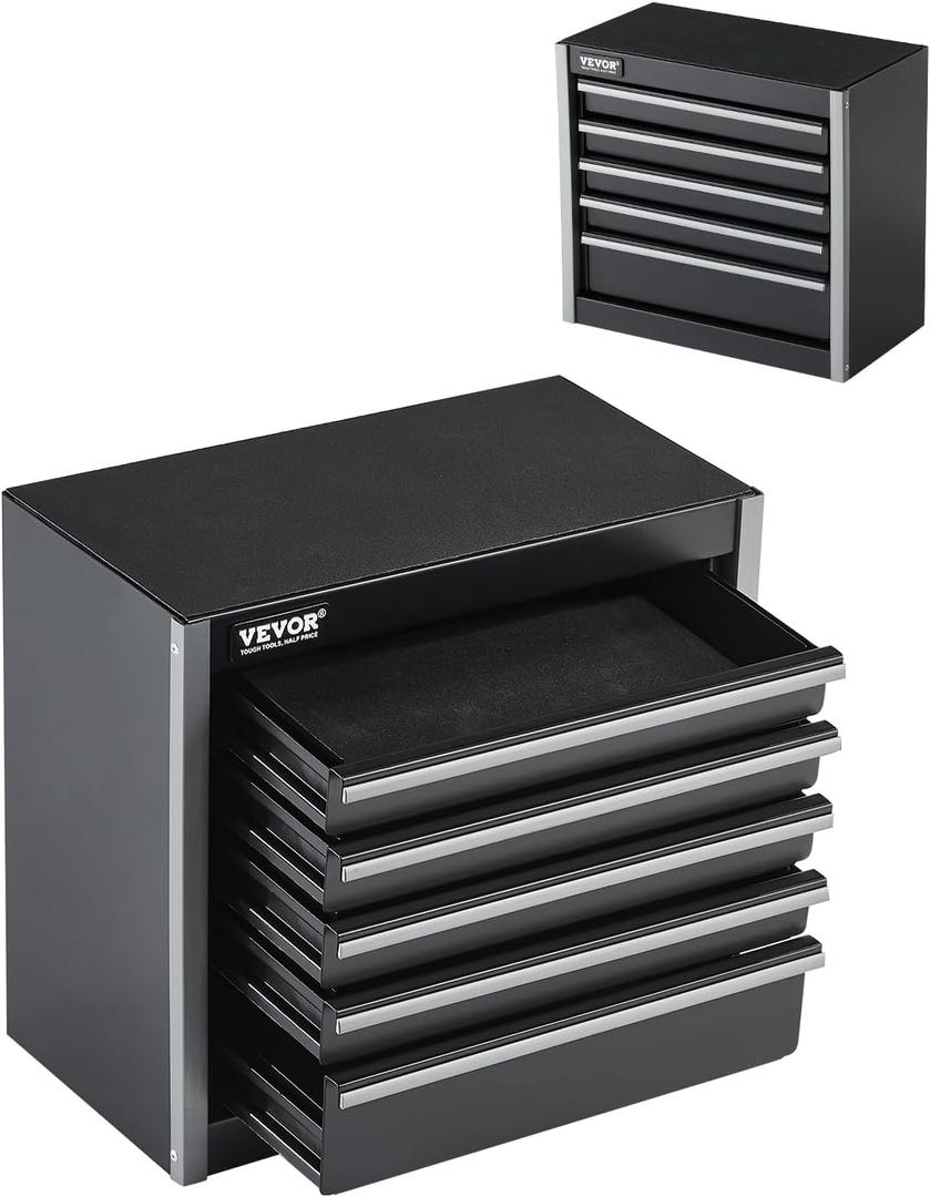 VEVOR Metal Tool Box, 8.6-inch, Portable Metal Tool Box with 5 Drawers, Small Tool Chest with EVA Liners and PP Feet Pads, Heavy-Duty Steel With Ball Bearing Opening and Powder Coated Finish, Black