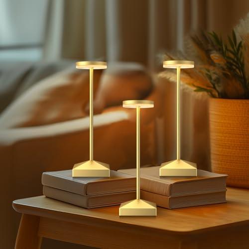 FUNTAPHANTA 3 Pack 7.67in Gold Small Cordless Table Lamps Rechargeable, Battery Operated Mini Lamp, Small Lamp Touch Portable Table Lights, LED Night Light for Bedside/Dining/Bar/Outdoor (Gold-C)