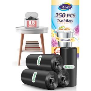 0.5 Gallon Mini Trash Bags Garbage Bags, Tiny Bathroom Trash Can Liners by Teivio, Small Plastic Bags for Desktop Trash Bin/Dog/Poop Car, Fit 2 Liters or Less Can (250 Counts, Black)