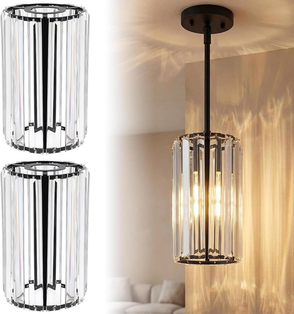 Teenyyou 2 Pcs Crystal Pendant Light Shade Modern Large Ceiling Light Cover E26/e27 Base 1.65" Top x 5.1" Dia. x 9" H Chandelier Lampshade Replacement for Kitchen Island Dinning Room Corridor