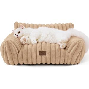 Bedsure ComfyFleece Cute Cat Couch for Pets - Fluffy Cat Sofa with Premium Soft Corduroy Fleece, Fuzzy Pet Couch Bed with Washable Cover, Supportive Pet Chair for Indoor Cats, 24inch, Sandy Beige (24x18x10")