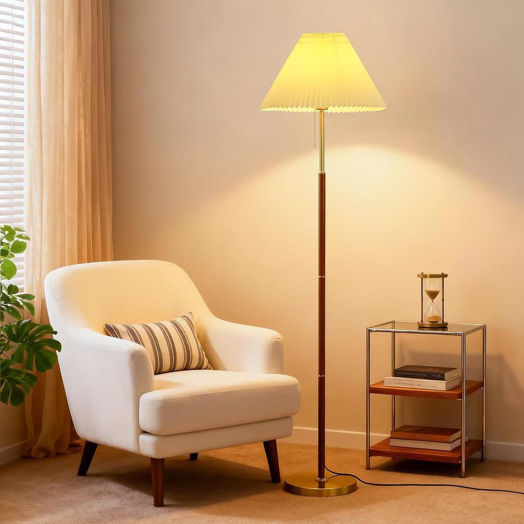 Pleated Lampshade Tall Floor Lamp for Living Room Corner Bedroom Bedside Office, Brown Pole Lamp, Bright 12W Dimming Reading Light, Modern Cute Unique Retro Standing lamp, Farmhouse Vintage Home Decor