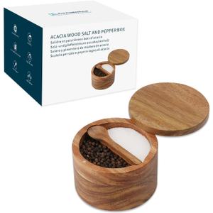 KITCHENDAO Acacia Wood Salt and Pepper Bowl Box, Built-in Spoon, Two Compartments Spice Seasoning Container, Sea Salt Cellar Holder, Magnetic Swivel Lid, Dual 5oz Capacity