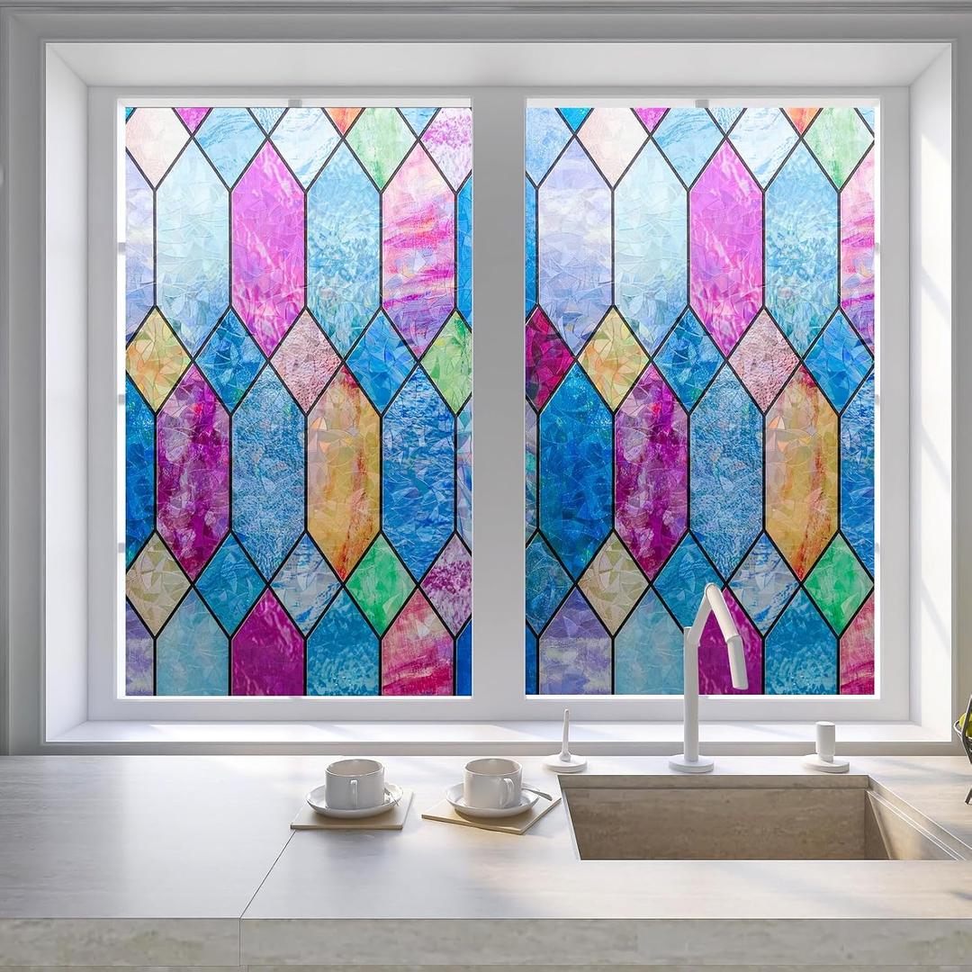 Lattice Privacy Window Film Glass Tint Colorful Rainbow Static Cling Decals for Home Anti UV and Heat Control Non-Adhesive Window Covering 17.7x78.7In