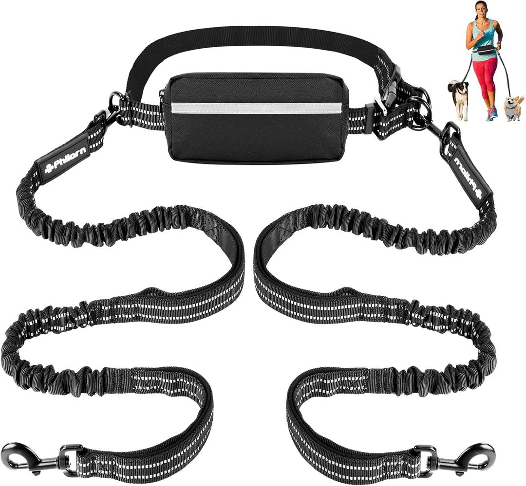 Philorn Hands Free Dog Leash for 2 Dogs, Adjustable Waist Leash for Medium Large Dogs Walking, Running, Jogging, Hiking, Dual Handles and Durable Bungee