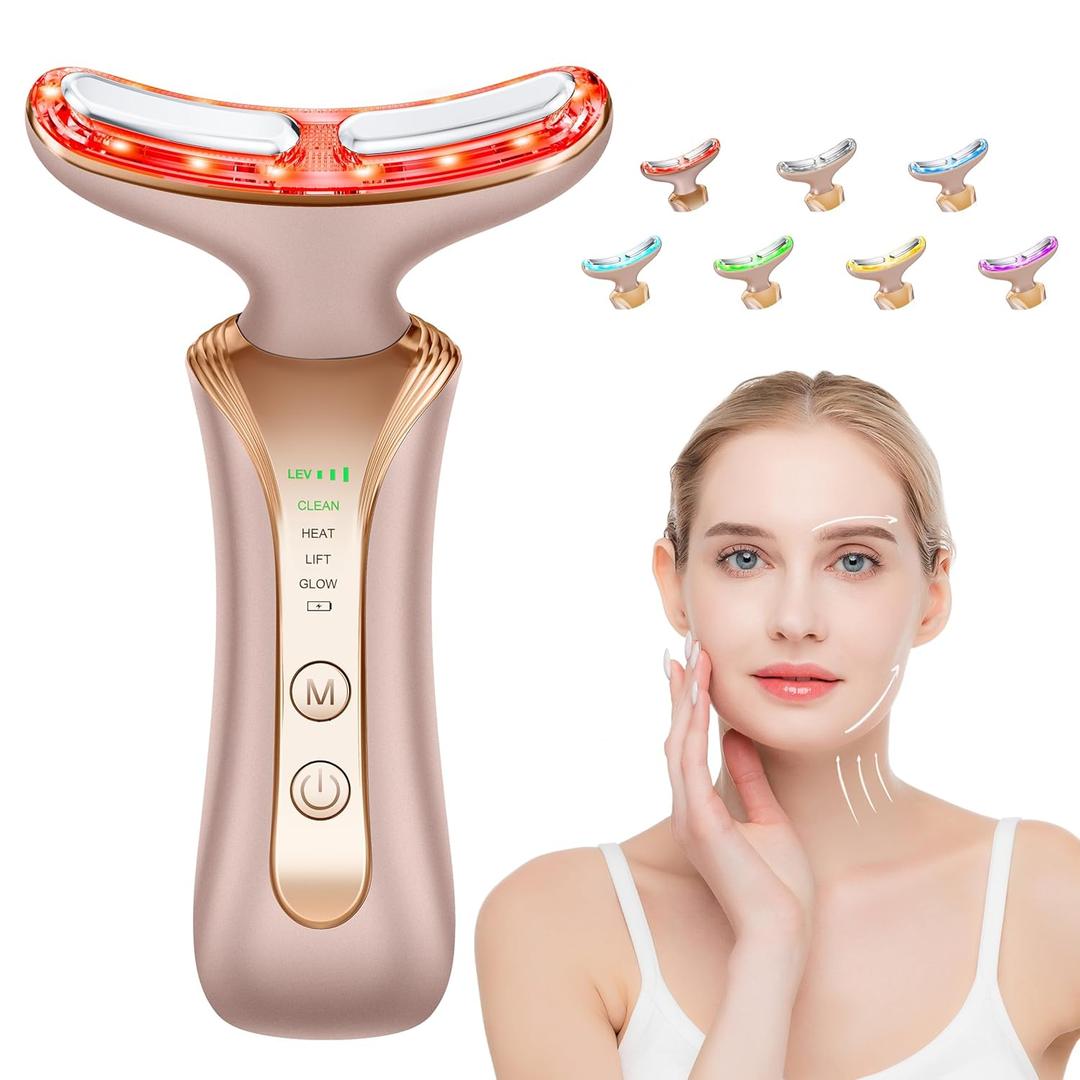 7 in 1 Multifunctional Facial Massager, Red Light Therapy for Face with 7 Modes, Face Lift Device, Portable Facial Massager for Wrinkles,Neck&Skin Care-Pink (Gold)