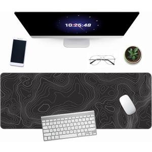 Minimalist Topographic Map Mouse Pad - Contour Extended Large Stitch Edge Mousepad Black & White Non-Slip Gaming Desk Mat 31.5x11.8inch