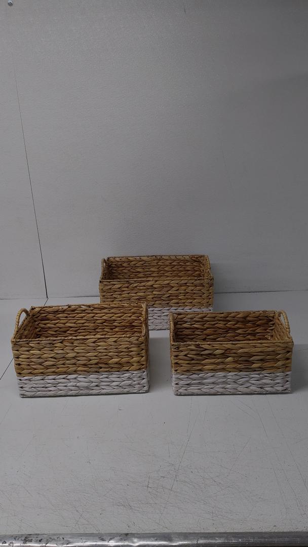 3 Pack Natural Water Hyacinth storage basket with Handle, Rectangular Wicker Basket for Organizing, Decorative Wicker Storage Basket for Living Room, 3 Mixed Sizes ( 16,5 x 11)(15x9) (13x8)