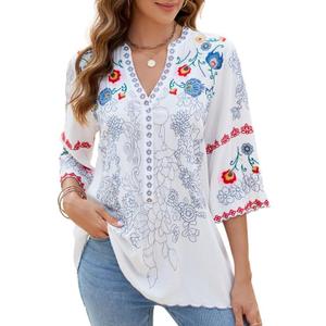 Mexican Shirts Peasant Blouses Cotton Embroidered 3/4 Sleeve Summer V Neck Tunic Bohemian Tops Boho Clothes for Women (Large, White)