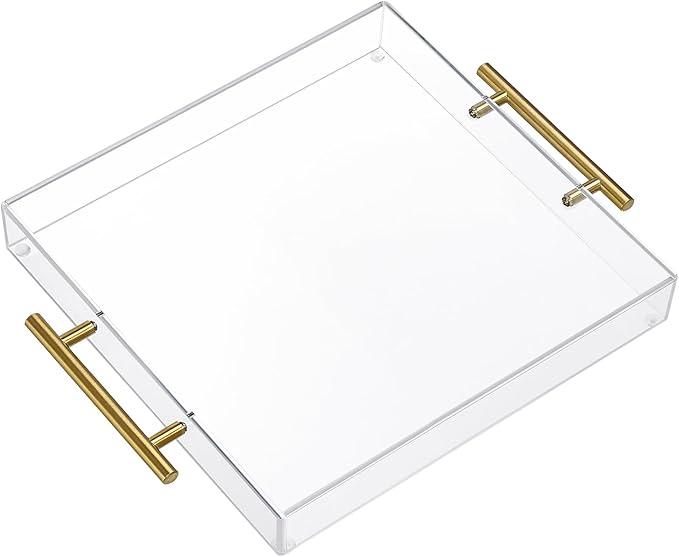 12"x12" Clear Acrylic Serving Tray with Golden Handles, Sturdy Huge Capacity Acrylic Trays for Coffee, Juice, Kitchen and Desk Organizer, Storage Tray (12"x12")