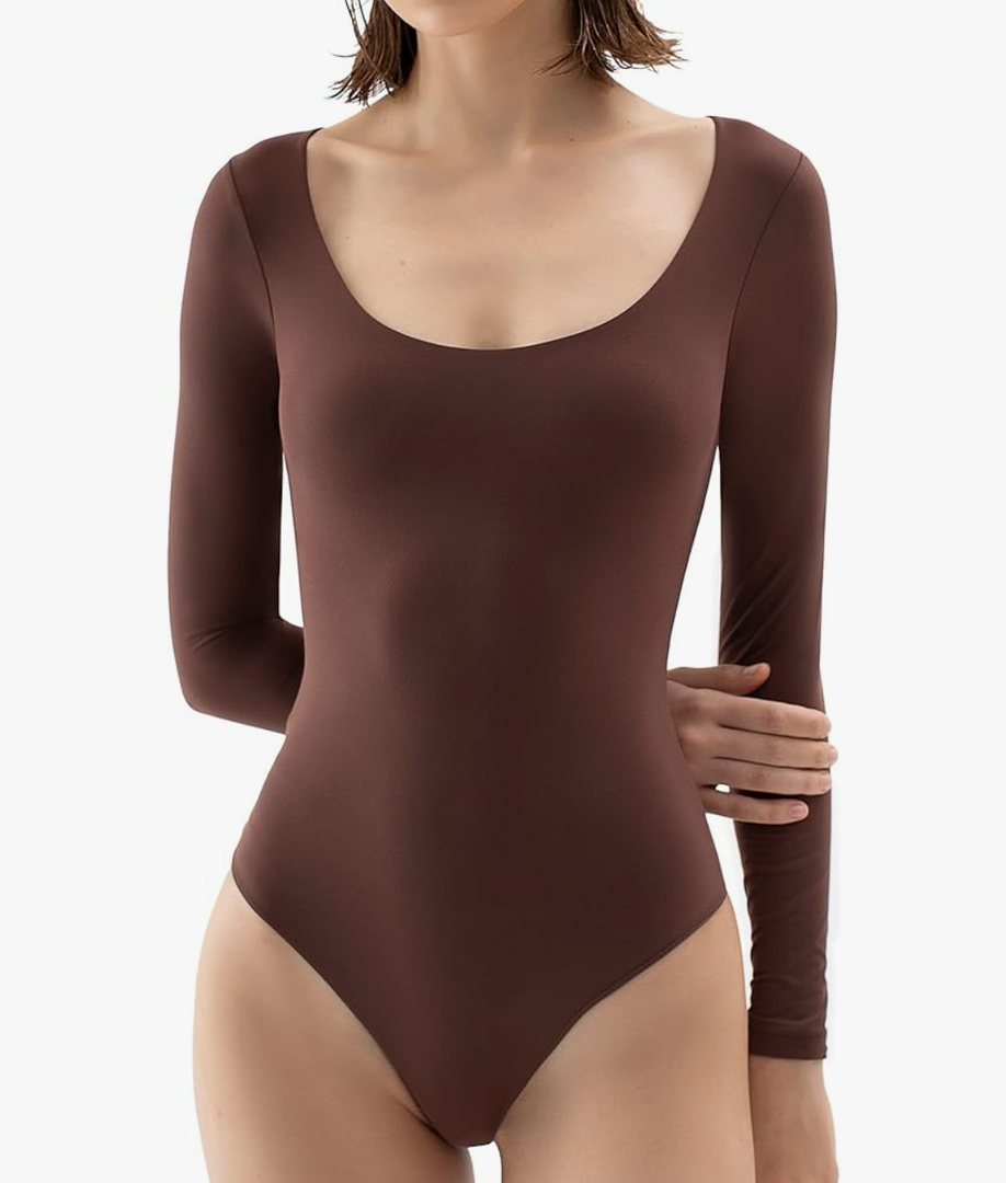 PUMIEY Women's Scoop Neck Long Sleeve Bodysuit Body-hugging Sexy Tops Smoke Cloud Collection, L