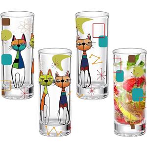 Patelai 4 Pcs Retro Cat Glass Cups Black Cool Cat Drinking Glasses for Iced Coffee Cocktail Juice Atomic Gifts Mid-century Modern Kitchen Decor