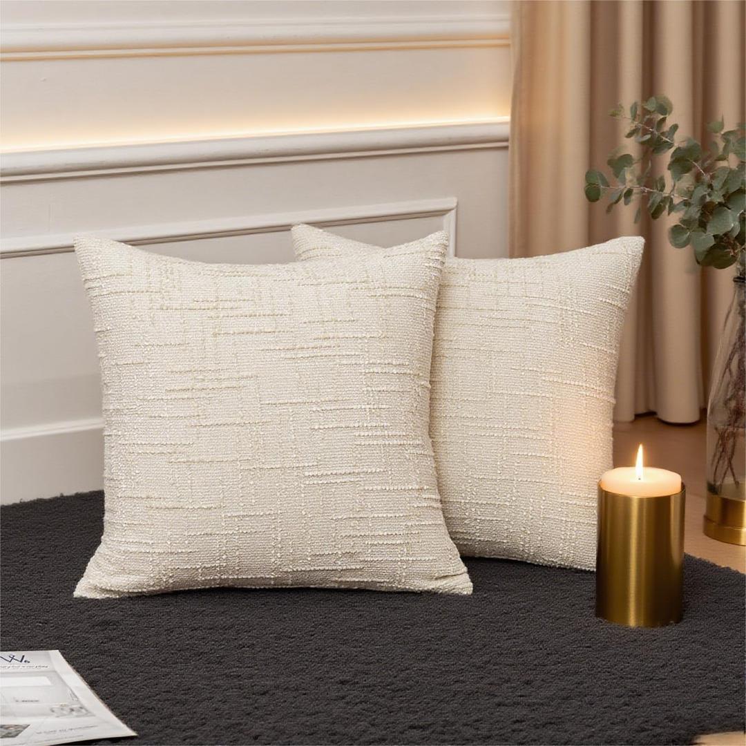 Set of 2 Decorative White Throw Pillow Covers 20x20 No Cusion Inserts, Boho Pillow Cases for Couch Sofa Bed Living Room, Soft Textured Chenille Case with Zipper Gift Home Deco, Creamy-White