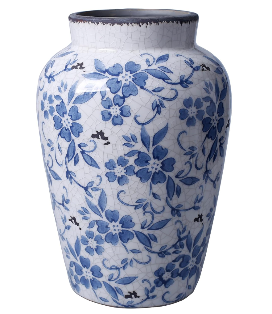 Vintage Blue and White Vase Porcelain Flower Vase Ceramic for Home Decor Rustic 9.7" H
