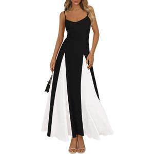 PRETTYGARDEN Spaghetti Strap Backless Spring Dresses for Women 2026 Flowy Maxi Dresses Sleeveless Wedding Guest Dress (Medium, Black White)
